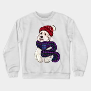 cavalier king charles spaniel in a knitted scarf,  white Cavapoo Cavoodle snug in a knitted scarf and beanie Crewneck Sweatshirt